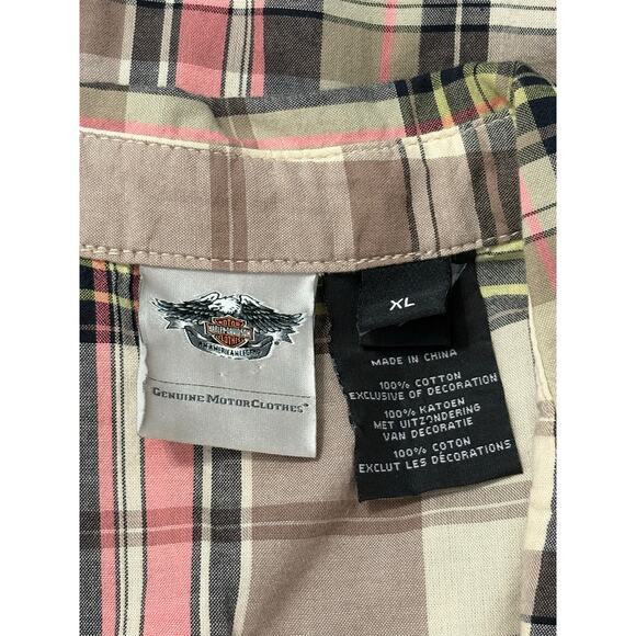 Harley-Davidson Plaid Half Sleeve Zip Up Shirt Women's XL Embroidered Logos Tan - Picture 10 of 11
